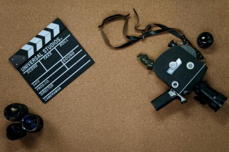 Professional movie camera and filming equipment on a movie set