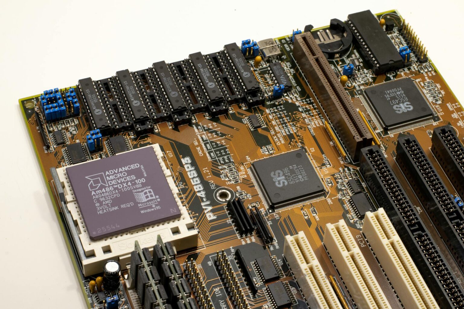 Close-up view of computer processors and microchips on circuit board