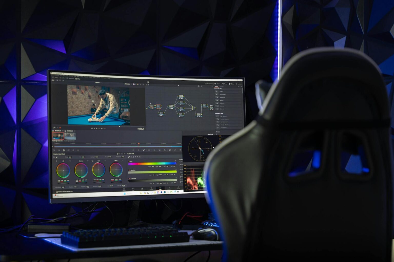 How Google’s Bard Integration Is Transforming YouTube Content Creation Content creator working on video editing with multiple screens showing YouTube analytics and editing software