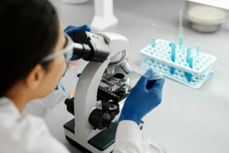 Modern laboratory with advanced research equipment and molecular models