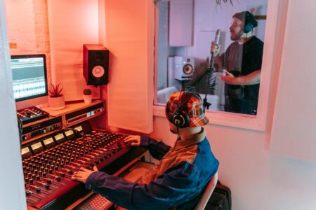Professional music recording studio with mixing equipment and monitors