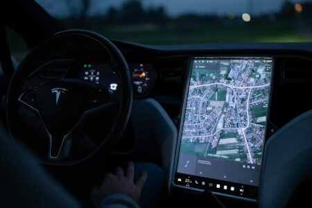 Modern electric vehicle interior dashboard with touchscreen display