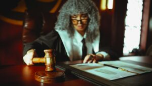 Judge's gavel on wooden desk representing legal proceedings