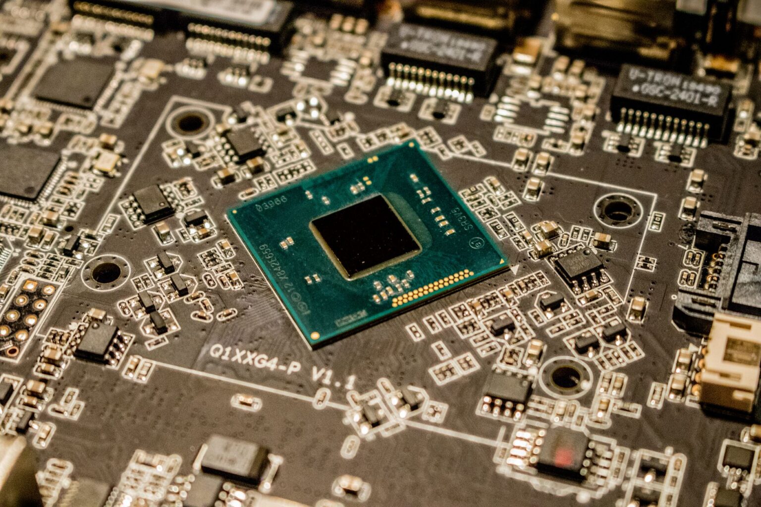 Closeup of a semiconductor microchip on a circuit board