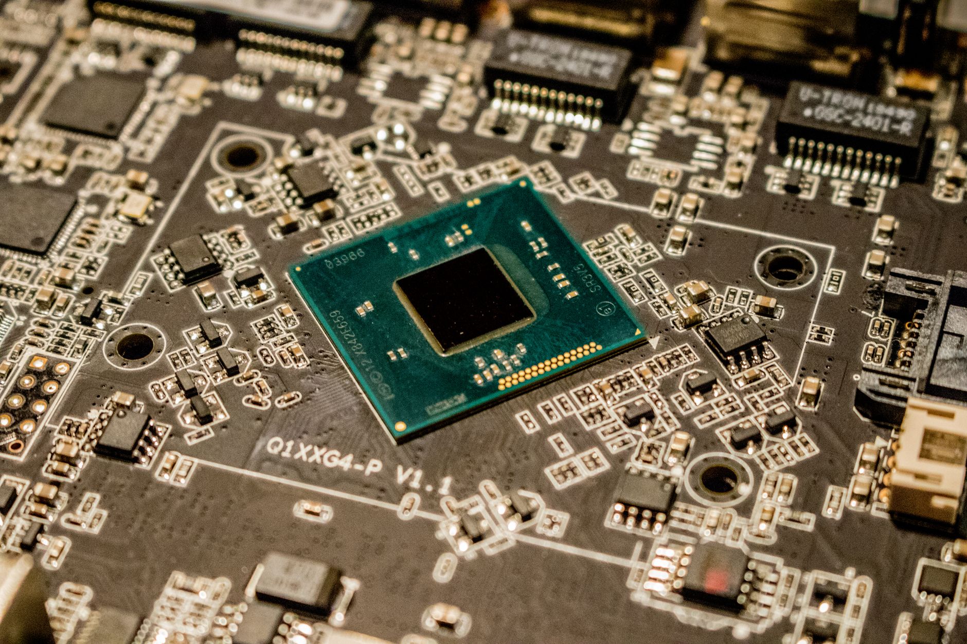 Closeup of a semiconductor microchip on a circuit board