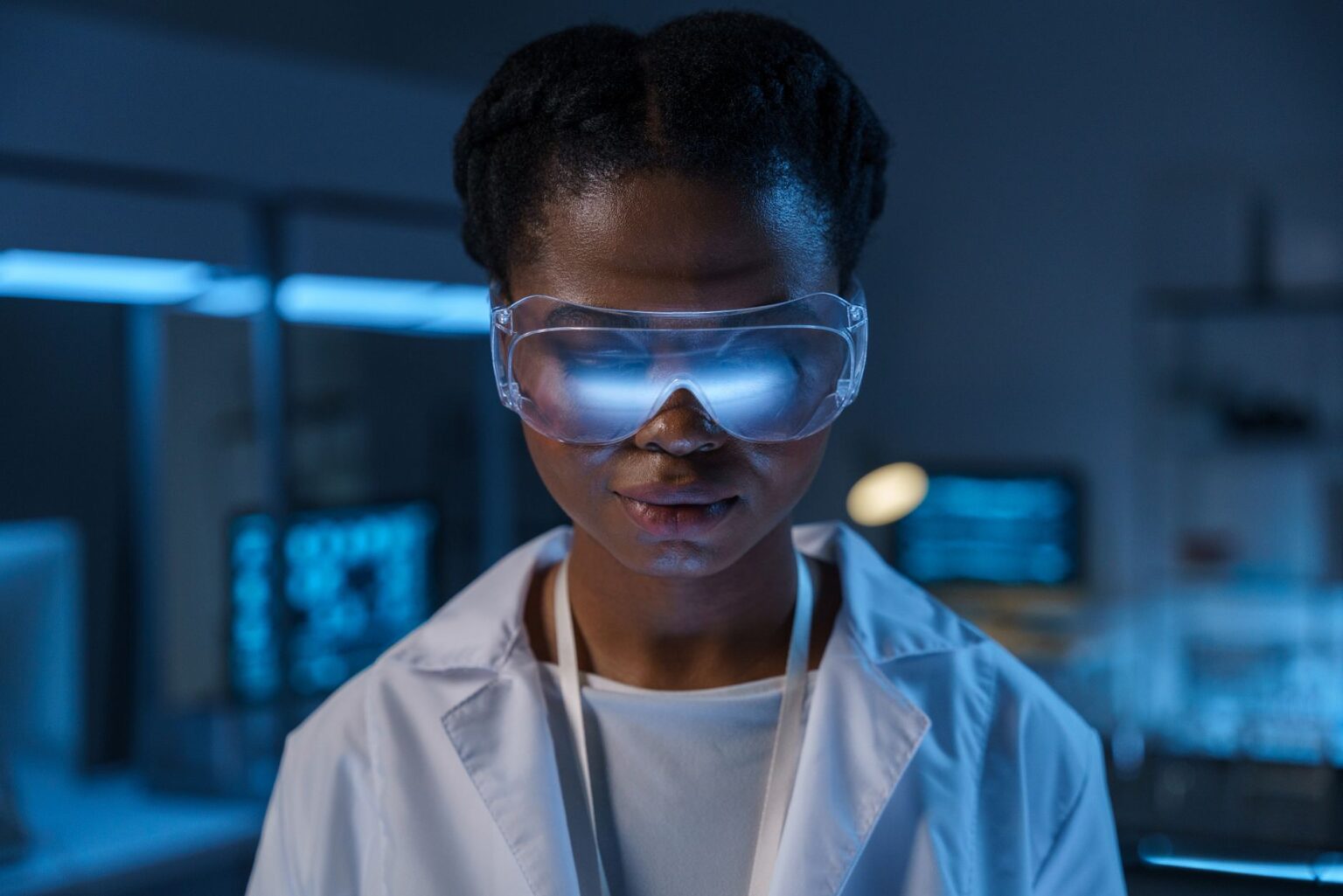 Person wearing modern smart glasses outdoors
