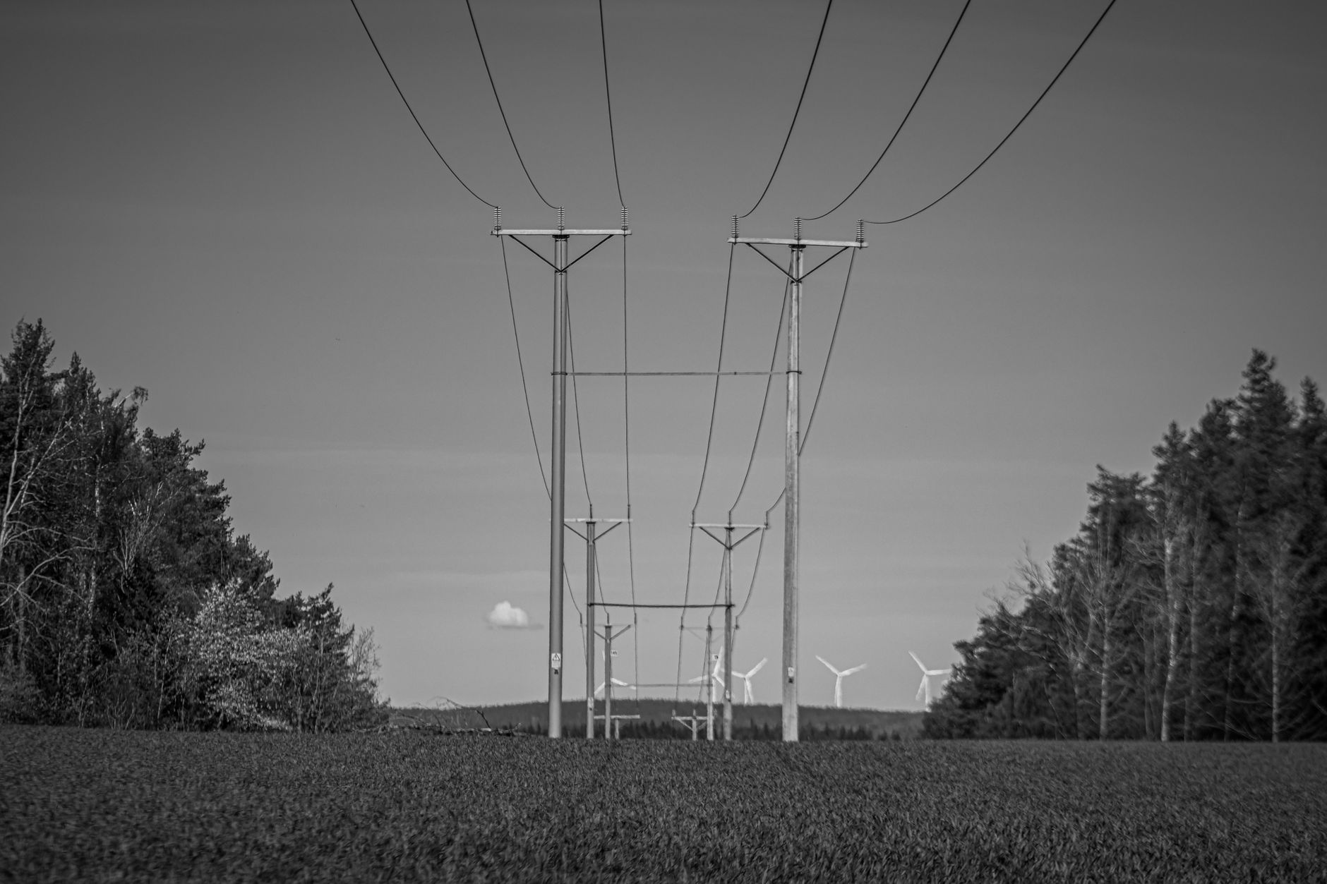 Power transmission lines extending from a solar installation toward an energy grid